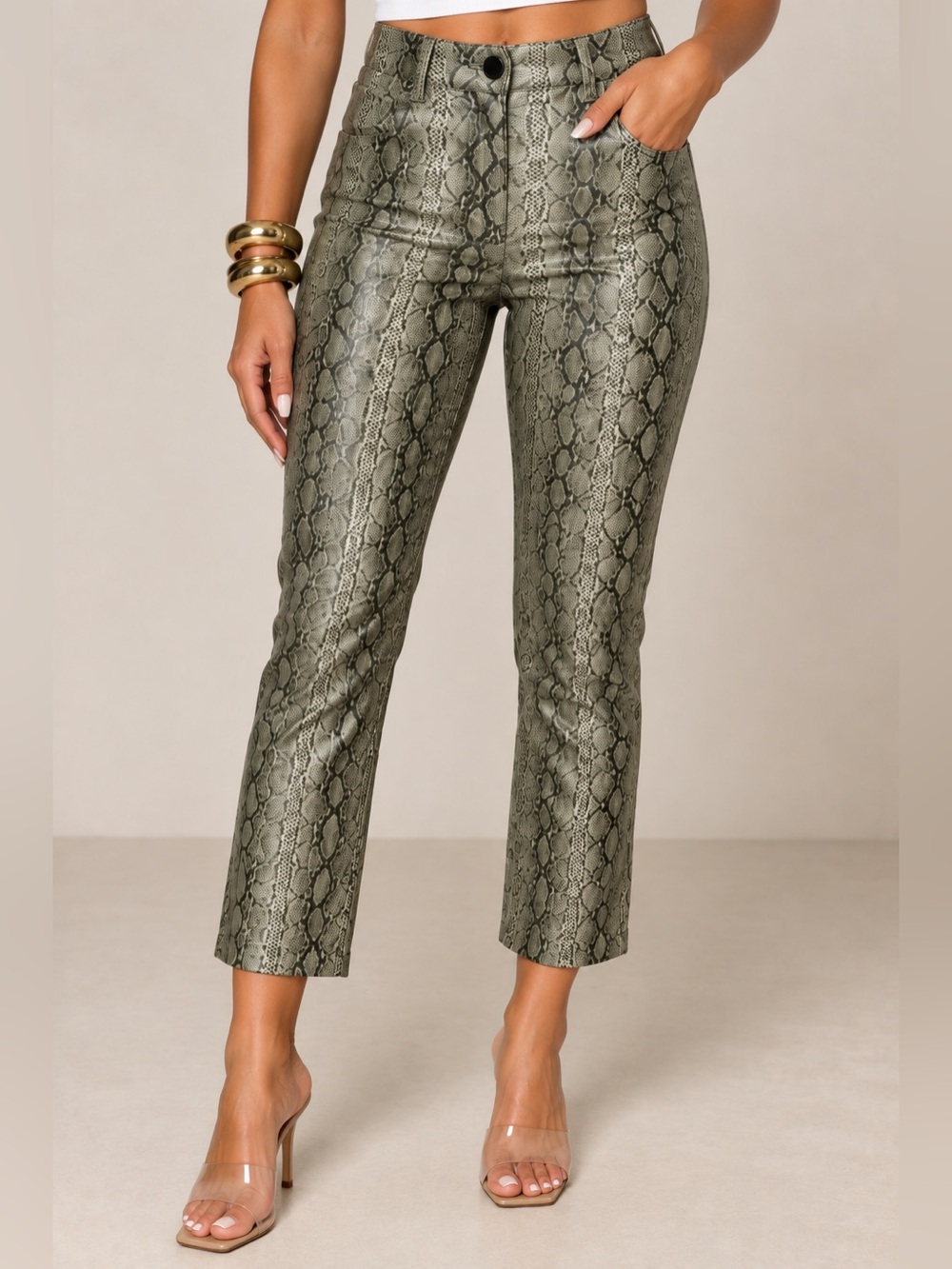 Zara Olive Green Snake Print Cropped Pants